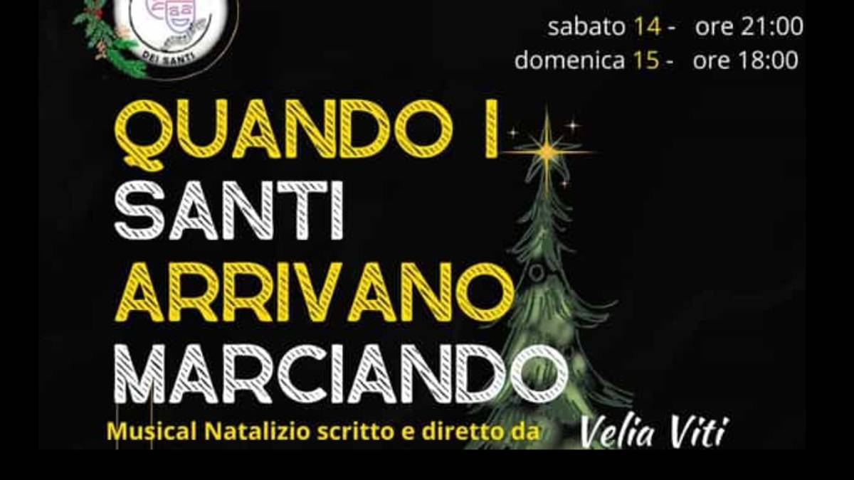 "Quando i Santi Arrivano Marciando" a Casa Barnekow di Anagni Nella suggestiva cornice di Casa Barnekow ad Anagni, va in scena il musical natalizio "Quando i Santi Arrivano Marciando", scritto e diretto da Velia Viti. Questo spettacolo offre una fusione innovativa tra concerto e commedia teatrale, presentando celebri brani pop natalizi eseguiti dal vivo e una narrazione brillante che unisce ironia e riflessione, con un tocco di tradizione ciociara. Date e Orari: Sabato 14 dicembre 2024 alle ore 21:00 Domenica 15 dicembre 2024 alle ore 18:00 Cast: Attrice: Francesca Reina Cantante: Donatella Santigli Band: Tab’s (Mauro Romiti, Enzo Tabacchiera, Enzo Rocchi, Paolo Gatto, Silvio Selci) Sinossi: La storia segue una giovane attrice emergente del West End londinese che, inaspettatamente, si ritrova in un piccolo paese del Lazio meridionale per impartire lezioni di inglese a una band locale. Questa situazione dà vita a una serie di eventi divertenti e riflessivi, arricchiti da esibizioni musicali che spaziano da classici natalizi come "White Christmas" a "Santa Claus Is Coming to Town". Informazioni e Prenotazioni: Telefono: 328.83.50.889 (anche WhatsApp) Note: Posti limitati; si consiglia la prenotazione anticipata.