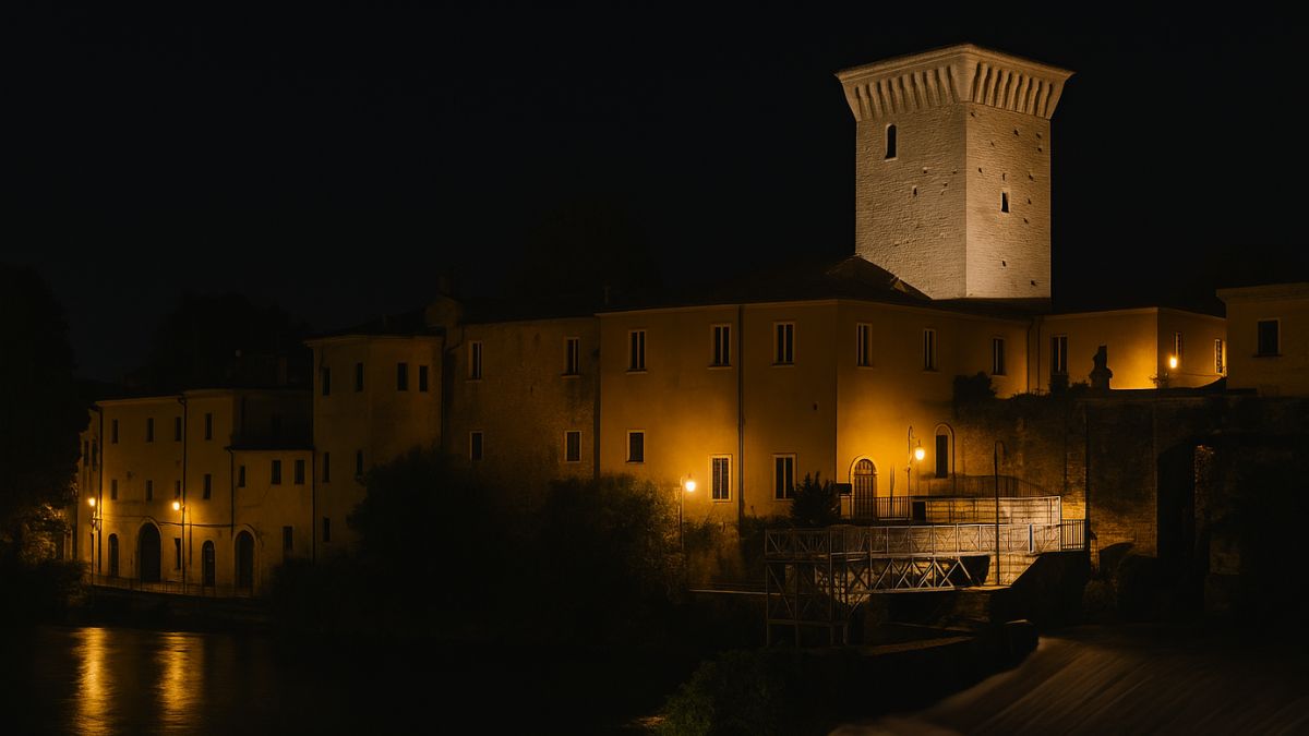 Fotografia notturna del Castello Boncompagni Viscogliosi a Isola del Liri, illuminato da luci calde e affacciato sulla celebre cascata: la cornice ideale per due spettacoli teatrali estivi.