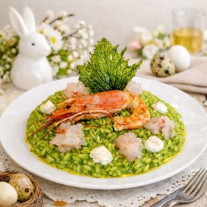 Risotto verde di Pasqua con gambero e yogurt al limone