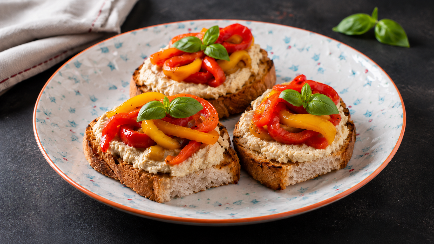 Crostoni con hummus di ceci, peperoni arrostiti e basilico