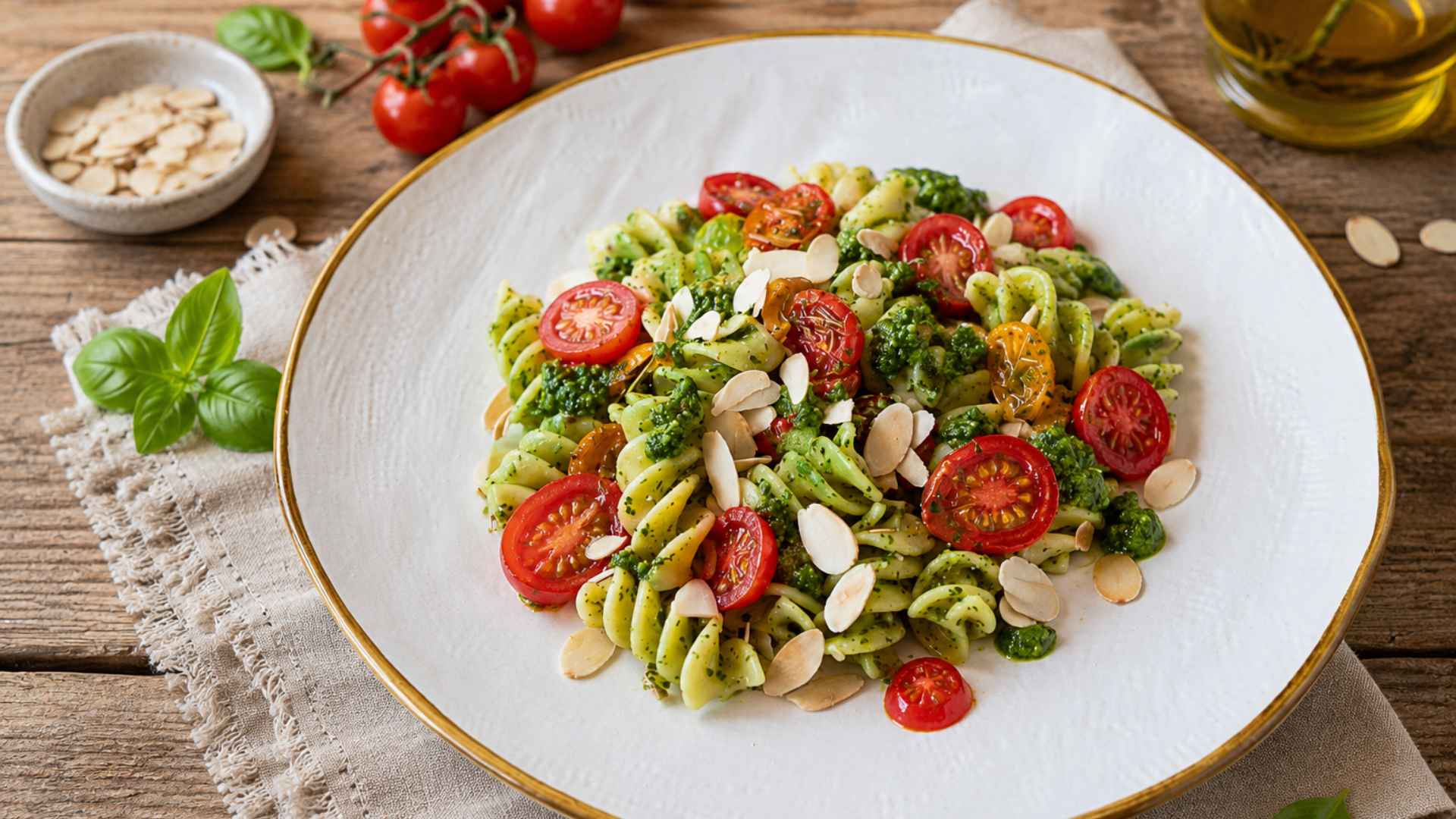 Pasta fredda con pesto di rucola, pomodorini e mandorle