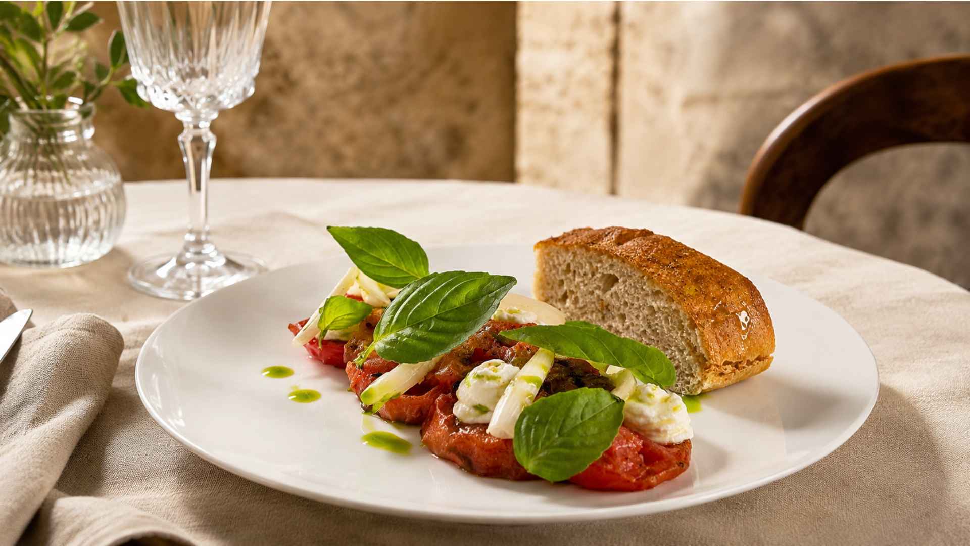 Pomodoro alla brace con ricotta di capra, cipolla marinata e olio al basilico