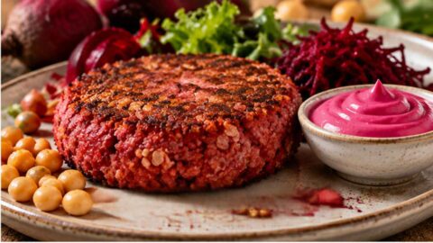 Burger di barbabietola, ceci e avena con maionese alla barbabietola