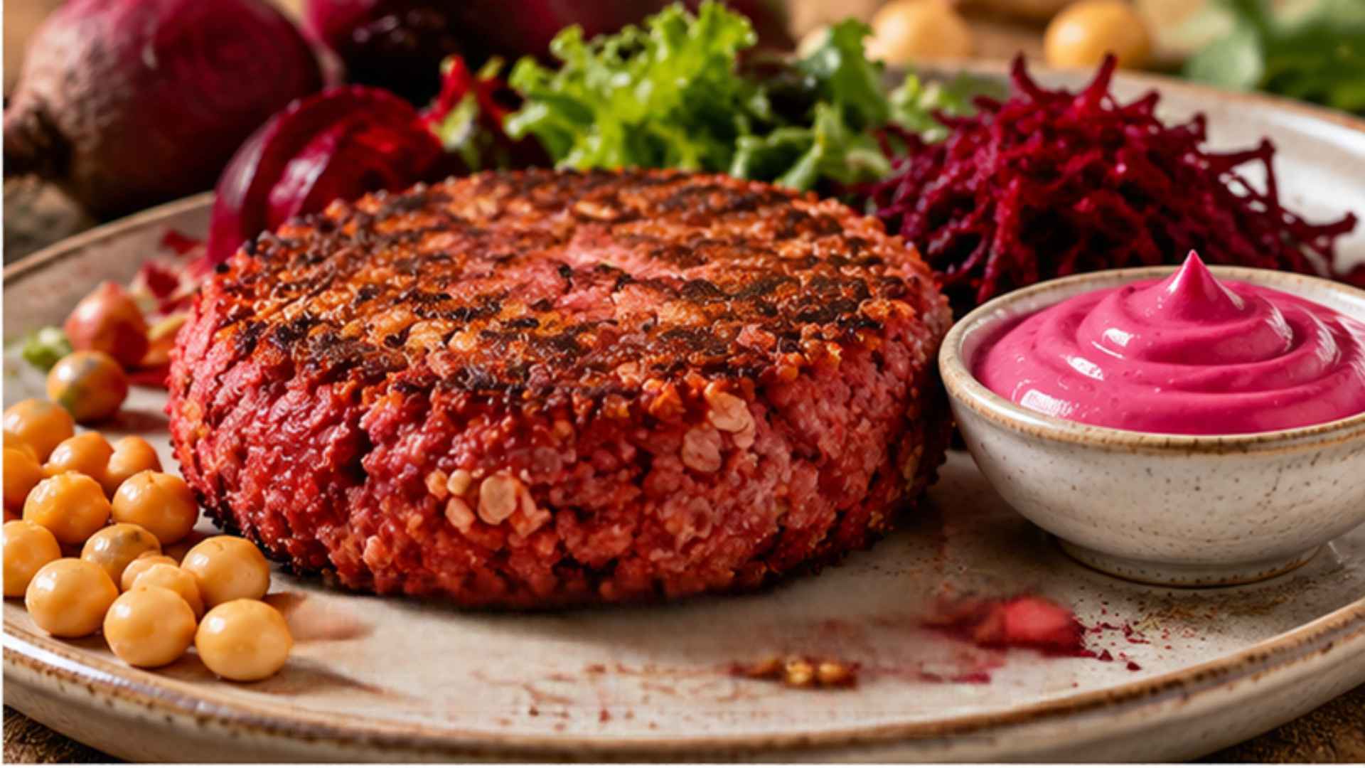 Burger di barbabietola, ceci e avena con maionese alla barbabietola