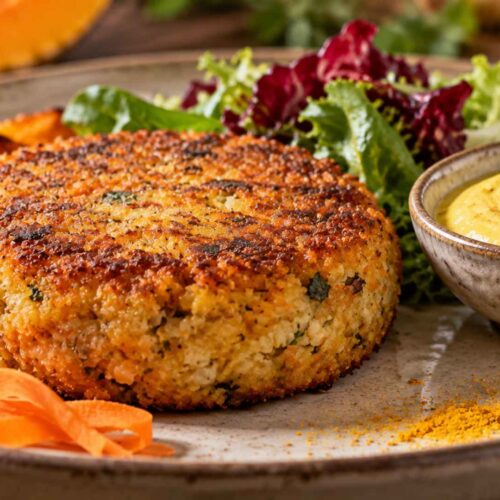 Burger di lenticchie rosse, carota, zucca e curcuma con maionese alla curcuma