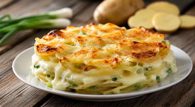 Tortino di patate, cipollotti e scamorza al forno