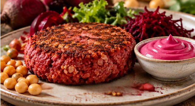 Burger di barbabietola, ceci e avena con maionese alla barbabietola