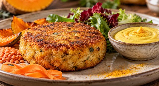 Burger di lenticchie rosse, carota, zucca e curcuma con maionese alla curcuma