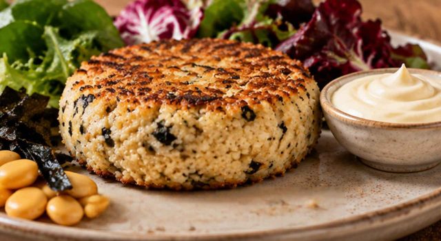 Burger di lupini, alga nori e cipolla con maionese classica