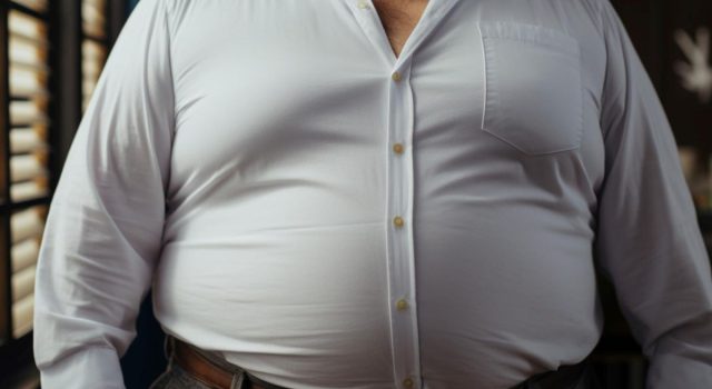 Uomo con camicia bianca tirata sulla pancia, simbolo di grasso addominale e problemi di salute.