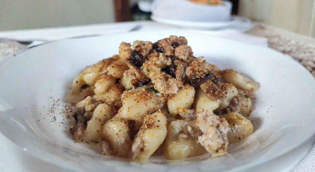 Gnocchetti acqua e farina,ragú di coniglio,pioppini e polvere di cardoncelli