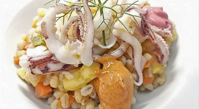 Orzo Perlato all’ortolana con calamari al vapore e maionese vegetale