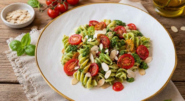 Pasta fredda con pesto di rucola, pomodorini e mandorle