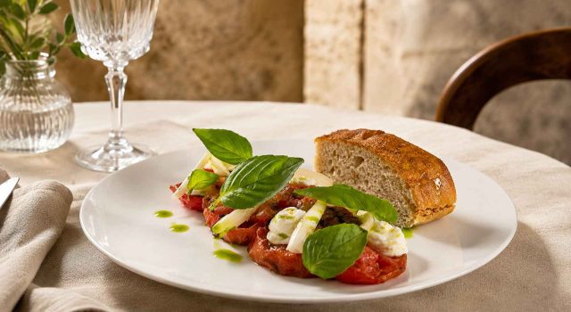 Pomodoro alla brace con ricotta di capra, cipolla marinata e olio al basilico