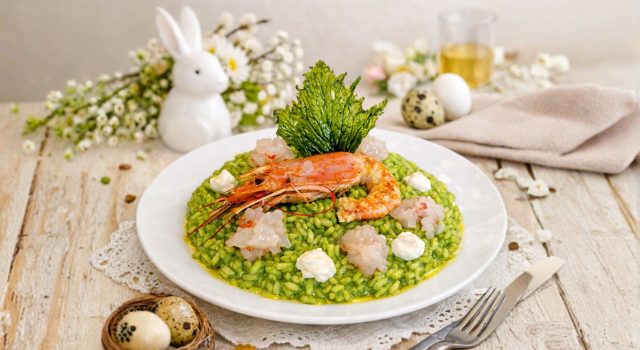 Risotto verde di Pasqua con gambero e yogurt al limone
