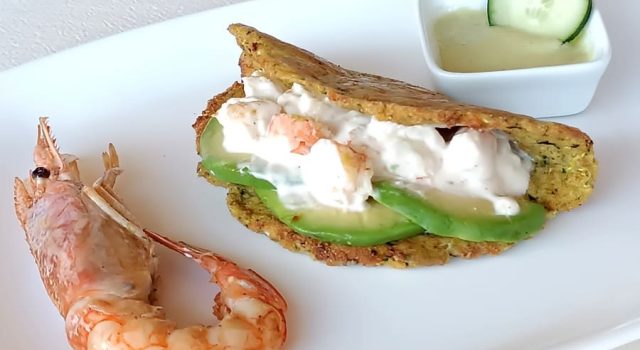 TORTILLAS DI ZUCCHINE E GAZPACHO con gamberoni